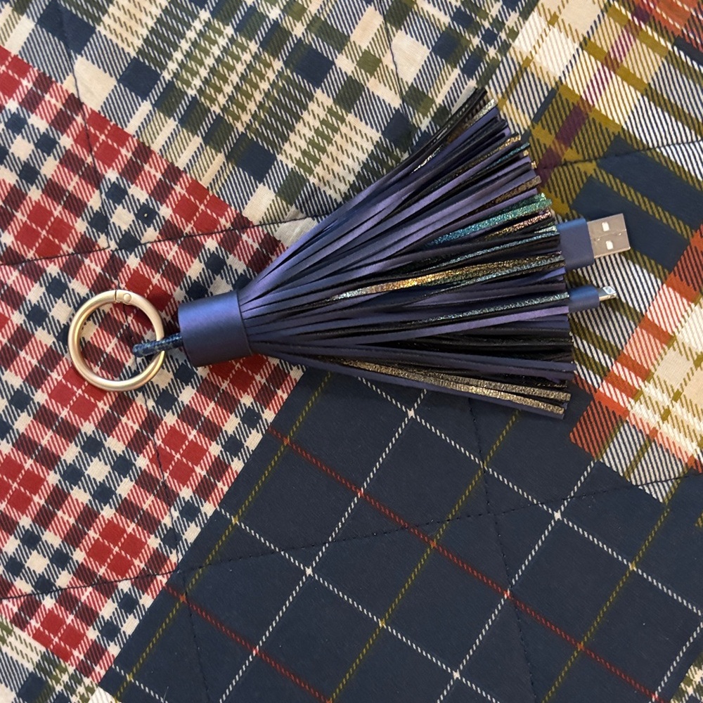 Blue Tassel USB Keychain with charging cord